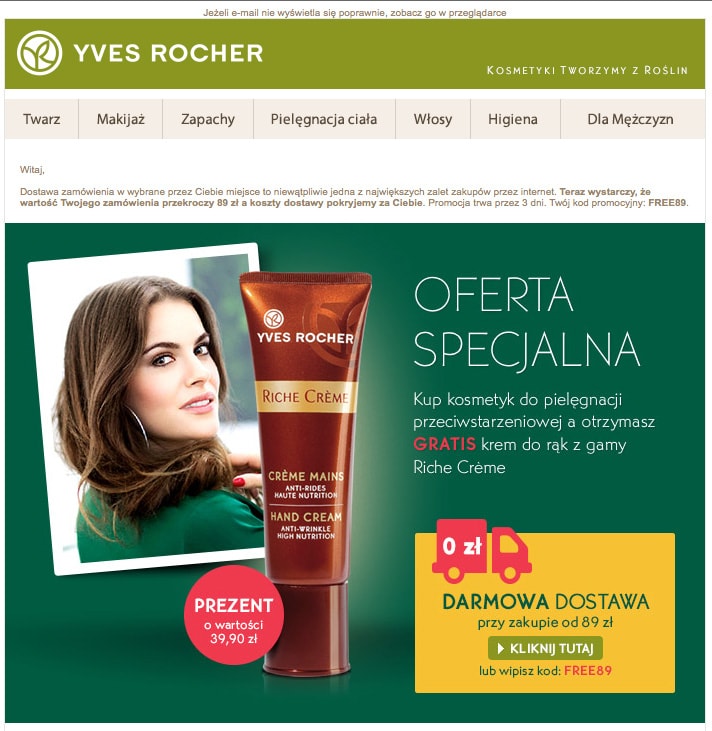Fragmenty wiadomości handlowej wysłanej przez Yves Rocher