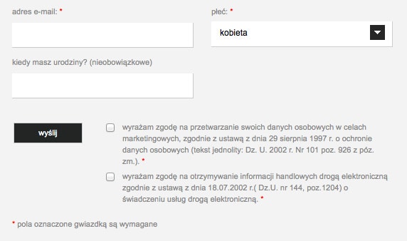 Formularz zapisu z polem wyboru umożliwiającym wyrażenie zgody na otrzymywanie informacji handlowej na stronie firmy Tołpa