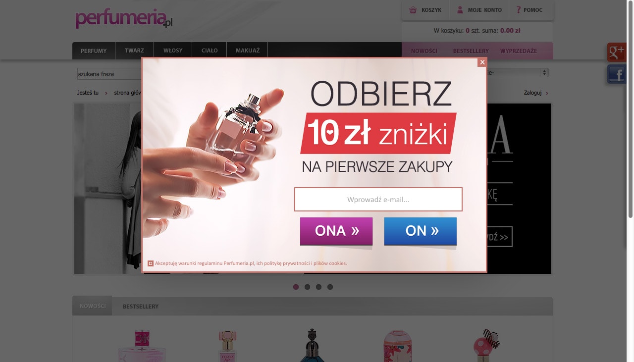 Formularz typu light box na stronie perfumeria.pl. W treści formularza umieszczona została zachęta w postaci zniżki na pierwsze zakupy.