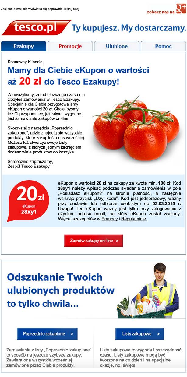 Fragment wiadomości reaktywacyjnej marki Tesco