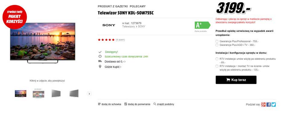 Wyraźny przycisk CTA na stronie mediamarkt.pl