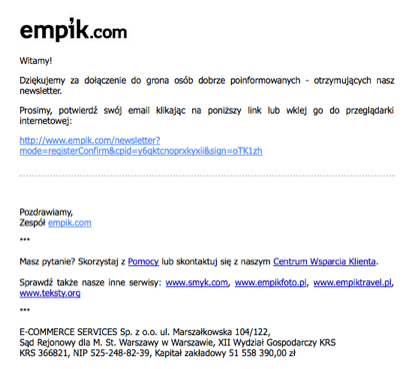 Przykład wiadomości potwierdzającej zapis do newslettera od Empik.com