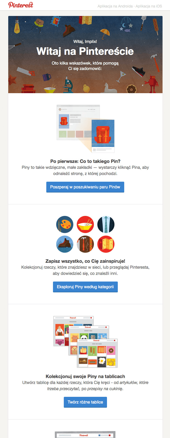Przykład wiadomości powitalnej od Pinterest