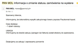 Przykład wiadomości potwierdzającej zrealizowane zamówienie od Panmol.pl