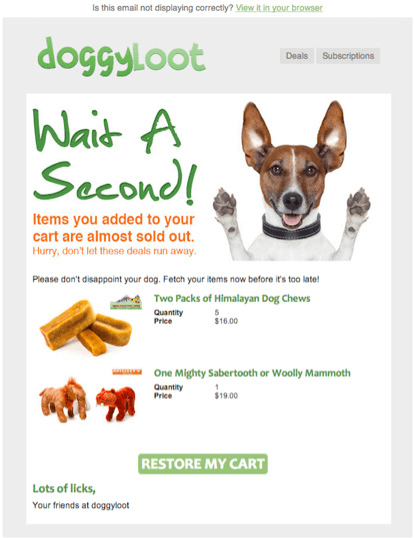Wiadomość przypominająca o pozostawionym pełnym koszyku od marki Doggyloot.com