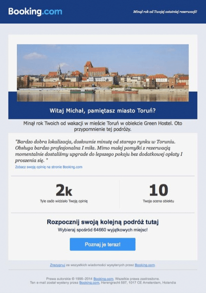 Wiadomość pobudzająca od marki Booking.com